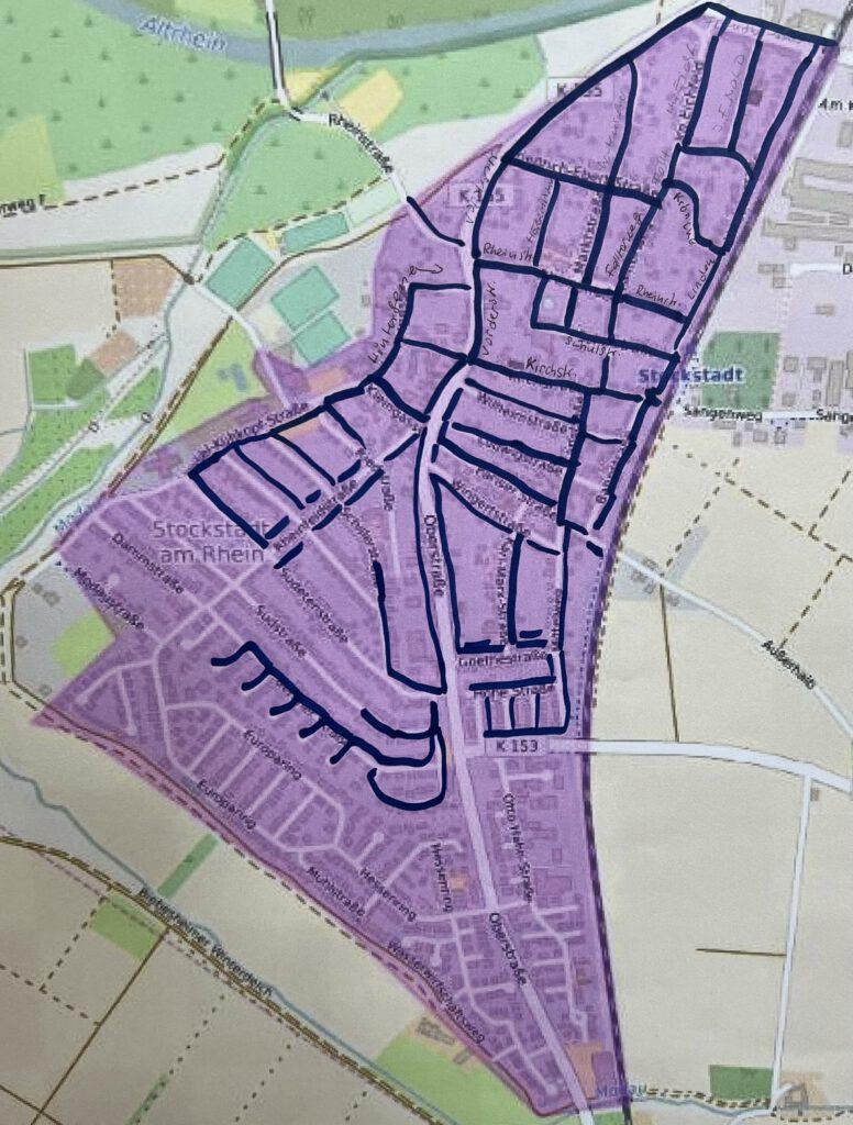 Landkarte Stockstadt am Rhein mit eingezeichnetem Fortgang des Glasfaserausbau