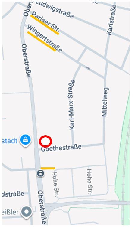 Straßenkarte mit Ausschnitt der Baustelle Goethestraße
