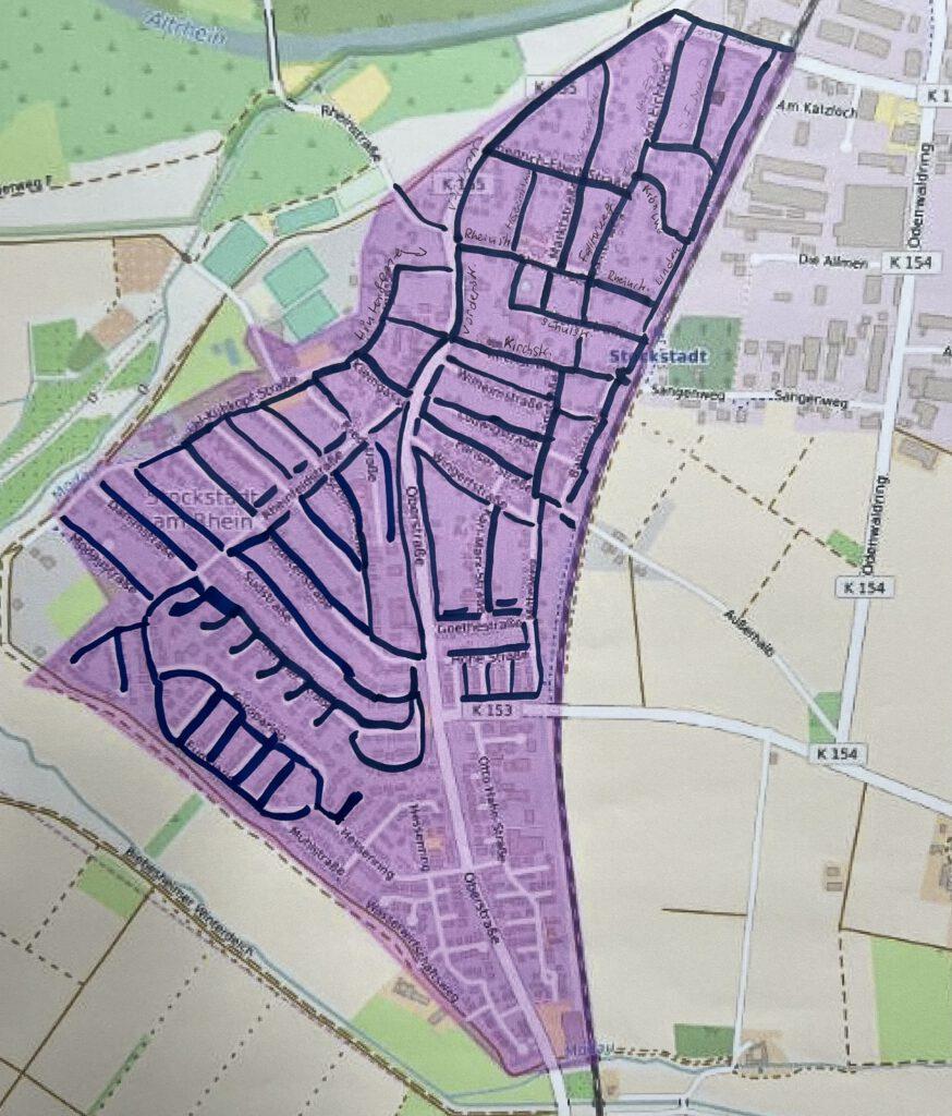 Übersichtskarte Stockstadt am Rhein mit Markierungen zum Stand des Glasfaserausbaus