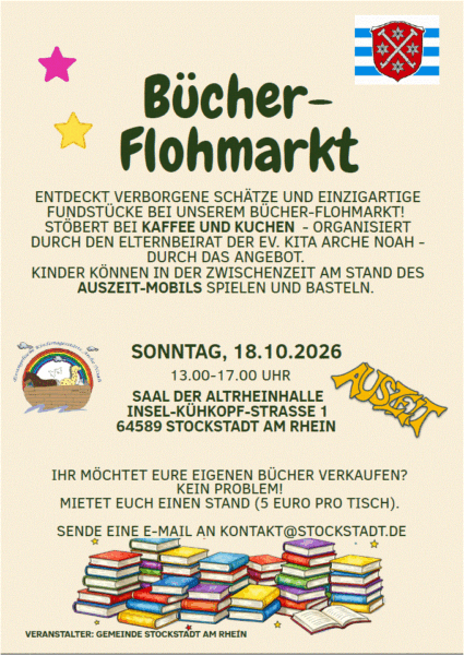 Hinweisplakat auf den Bücherflohmarkt in der Altrheinhalle Stockstadt am 18.10.26