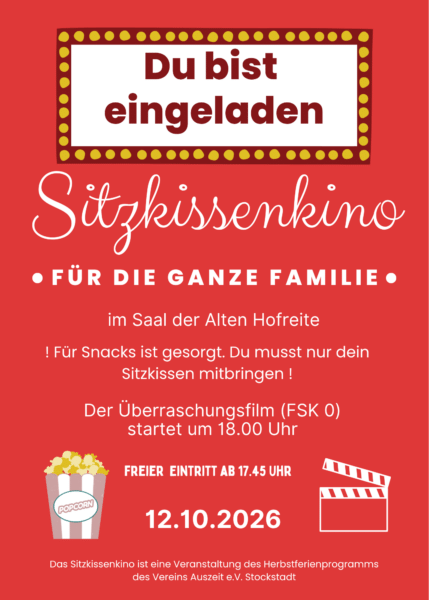 Plakat Einladung zum Sitzkissenkino für die ganze Familie am 12. Oktober in der Hofreite