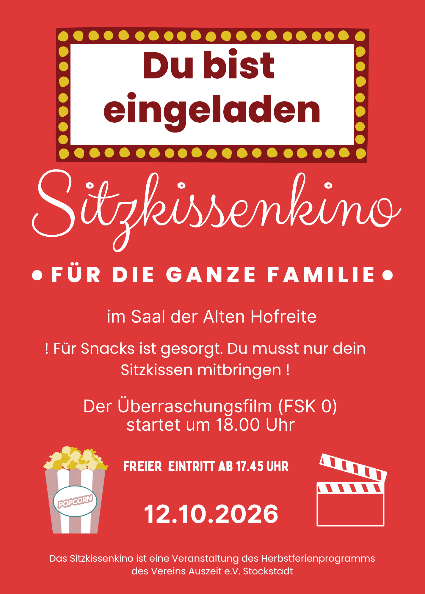 Plakat Einladung zum Sitzkissenkino für die ganze Familie am 12. Oktober in der Hofreite