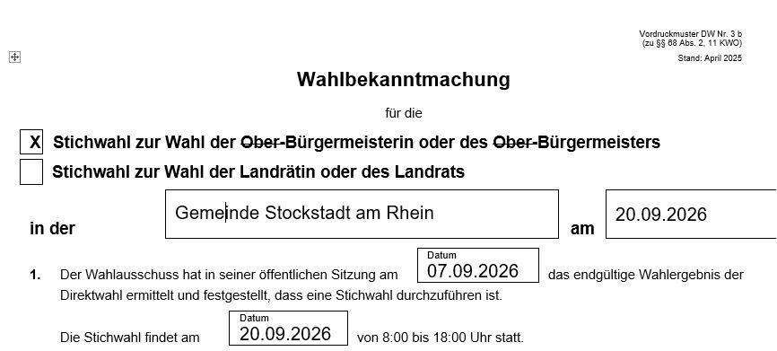 Auszug zur Wahlbekanntmachung zur Stichwahl des Bürgermeisters - der Bürgermeisterin