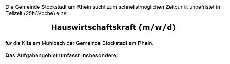 Stellenausschreibung für eine Hauswirtschaftskraft in der Kita Mühlbach